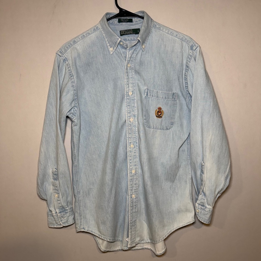 Polo Ralph Lauren Button Down Shirt Teen Lg Blue Denim Chambray Crest USA Cotton